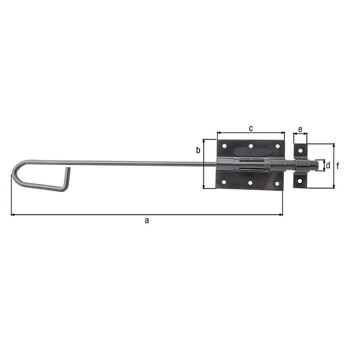 Alberts Pestillo deslizante tipo bayoneta - L x An: 400 x 67 mm, Negro, Zincado - Cerrejo representado con las dimensiones a, b, c, d, e y f, utilizado para el cierre seguro de puertas o portones.