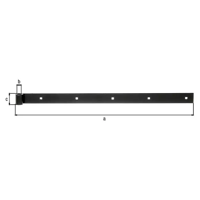 Alberts Bisagra recta - L x An: 600 x 35 mm, Espesor: 5 mm, Negro, Zincado - Cinta de bisagra con dimensiones a, b y c. La cinta de bisagra es negra y tiene varios agujeros.