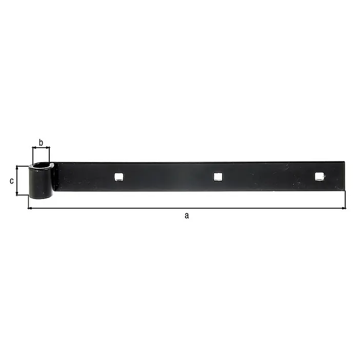 Alberts Bisagra recta - L x An: 300 x 30 mm - Primer plano de una banda de bisagra negra con dimensiones a, b y c. Herrajes para portones y puertas.