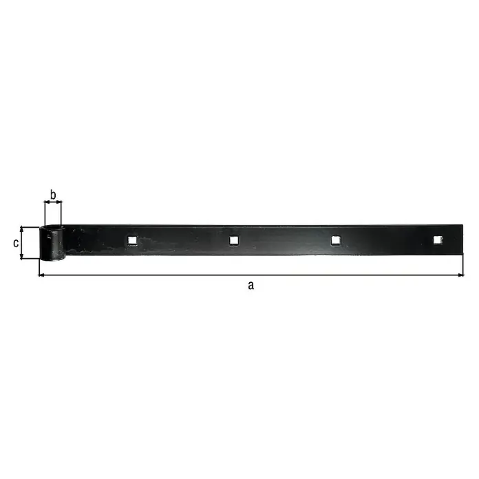 Alberts Bisagra recta - L x An: 400 x 30 mm - Primer plano de una banda negra recta con orificios cuadrados y un montaje cilíndrico, etiquetada con las dimensiones a, b y c.
