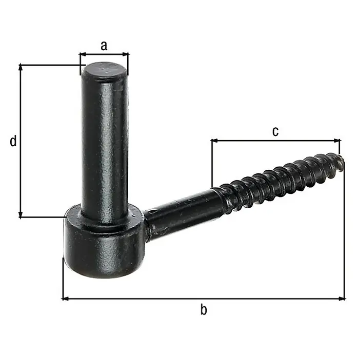 Alberts Gozne roscado - Largo: 105 mm, Diámetro mandril: 14 mm, Altura del mandril: 47 mm, Negro - Imagen del producto de una bisagra de puerta con tornillo y dimensiones a, b, c y d.