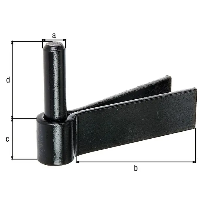 Alberts Gozne empotrable - Largo: 92 mm, Diámetro mandril: 14 mm, Negro - Vista del producto de un gancho de bisagra de puerta negro con las dimensiones a, b, c y d. Se utiliza para el montaje de puertas.