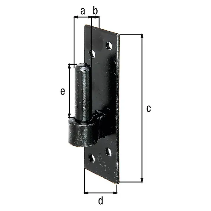 Alberts Gozne atornillable - Diámetro mandril: 14 mm, Distancia desde mandril hasta placa: 12 mm, L x An: 130 x 40 mm, Negro - Imagen del producto de una bisagra negra con dimensiones a, b, c, d y e para una visión general detallada del producto.