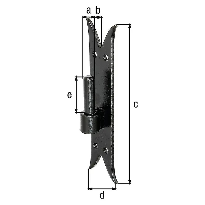 Alberts Gozne atornillable - Diámetro mandril: 14 mm, Distancia desde mandril hasta placa: 11 mm, L x An: 205 x 54 mm, Negro - En la imagen se muestra una bisagra en T metálica negra con dimensiones a, b, c, d y e. Ideal para puertas y portones.
