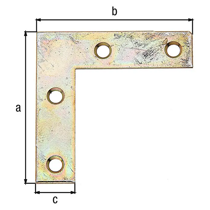 Alberts Escuadra esquinera - L x An x Al: 40 x 10 x 40 mm, Latón - Un soporte de ángulo dorado en forma de L con orificios de montaje, marcado con las dimensiones a, b y c.