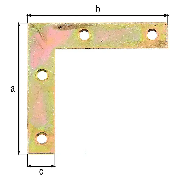 Alberts Escuadra esquinera - L x An x Al: 50 x 10 x 50 mm, Latón - Escuadra de ángulo metálico con dimensiones etiquetadas 'a', 'b' y 'c', perfecta para diversas aplicaciones de construcción.
