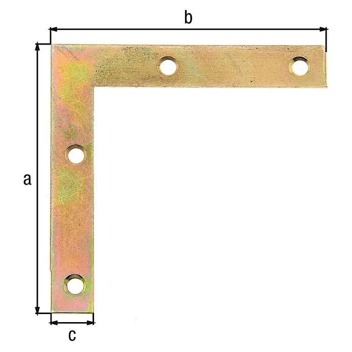 Alberts Escuadra esquinera - L x An x Al: 75 x 12 x 75 mm, Latón - Soporte angular metálico en forma de L con marcas a, b y c, ideal para asegurar muebles o estructuras.
