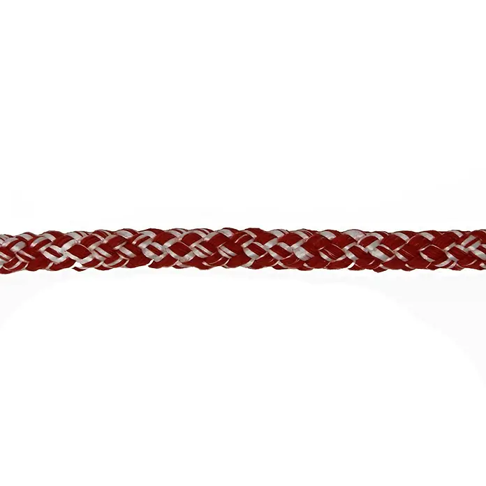 Seilflechter Cabo a metros Tornado - Diámetro: 8 mm, Plástico, Rojo - Primer plano de una cuerda trenzada robusta en rojo y blanco, ideal para diversas aplicaciones náuticas y al aire libre.