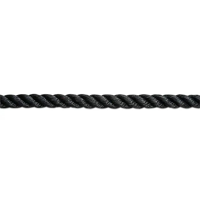 Seilflechter Cabo a metros Birolen tauwerk - Diámetro: 8 mm, Poliéster, Negro - Primer plano de una cuerda negra retorcida, fuerte y duradera. Ideal para aplicaciones marinas o decorativas.