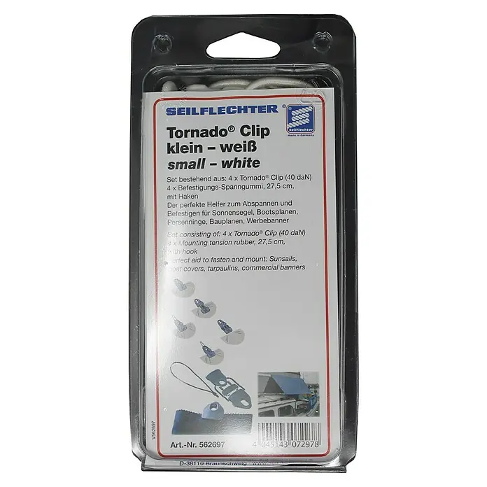 Seilflechter Multi-Clip tornado - Fuerza de tracción: 40 daN, Blanco, 4 ud. - Clips Tornado Seilflechter empaquetados, pequeños y blancos, con tensores de goma y ganchos, ideales para toldos y lonas.