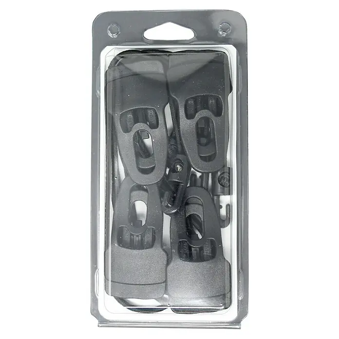 Seilflechter Multi-Clip tornado - Fuerza de tracción: 90 daN, Negro, 4 ud. - Esta imagen muestra un paquete transparente que contiene cuatro topes de cordón negros y un cordón. Ideal para equipamiento de exterior y ropa.