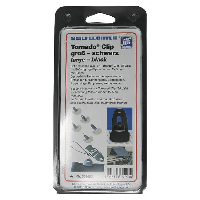 Seilflechter Multi-Clip tornado - Fuerza de tracción: 90 daN, Negro, 4 ud. - Embalaje de los clips Seilflechter Tornado grandes - negros. El conjunto contiene 4 clips y 4 gomas tensoras, perfectos para tensar y sujetar.