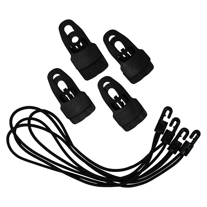 Seilflechter Multi-Clip tornado - Fuerza de tracción: 40 daN, Negro, 4 ud. - Primer plano de cuatro topes de cordón negros y varios cordones elásticos negros con extremos de gancho sobre un fondo negro.