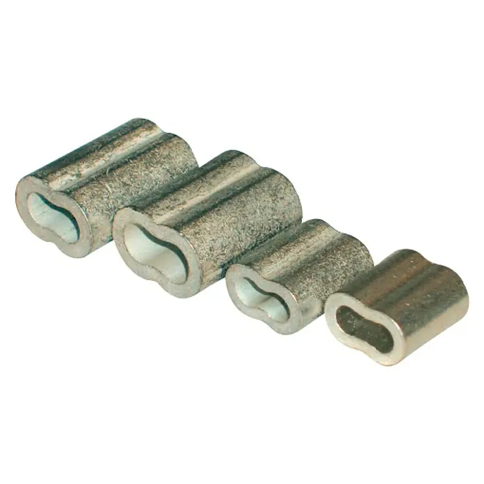 Seilflechter Sujetacables de alambre - Cables de 3 - 3,5 mm de diámetro, 10 ud. - Primer plano de cuatro abrazaderas de aluminio para cables, utilizadas para asegurar los cables. Las abrazaderas están en fila.