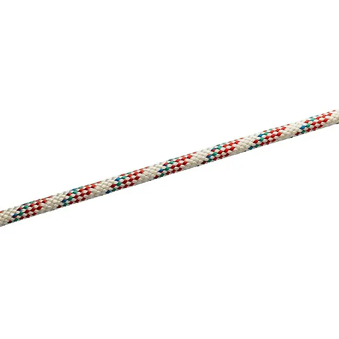 Seilflechter Cabo a metros Atlantik plus - Diámetro: 8 mm, Poliéster, Blanco/Rojo - Primer plano de una cuerda multicolor con un patrón trenzado, ideal para actividades al aire libre y aventura.