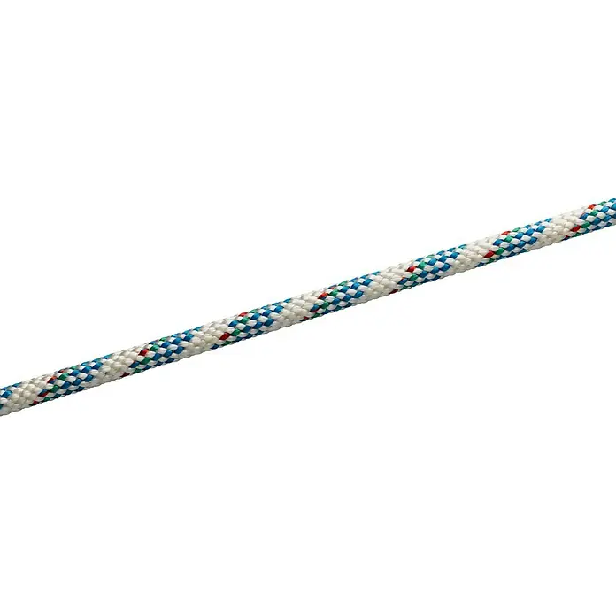Seilflechter Cabo a metros Atlantik plus - Diámetro: 8 mm, Poliéster, Blanco/Azul marino - Primer plano de una cuerda de escalada con un patrón blanco y azul, rojo y verde, garantiza un agarre seguro al escalar.