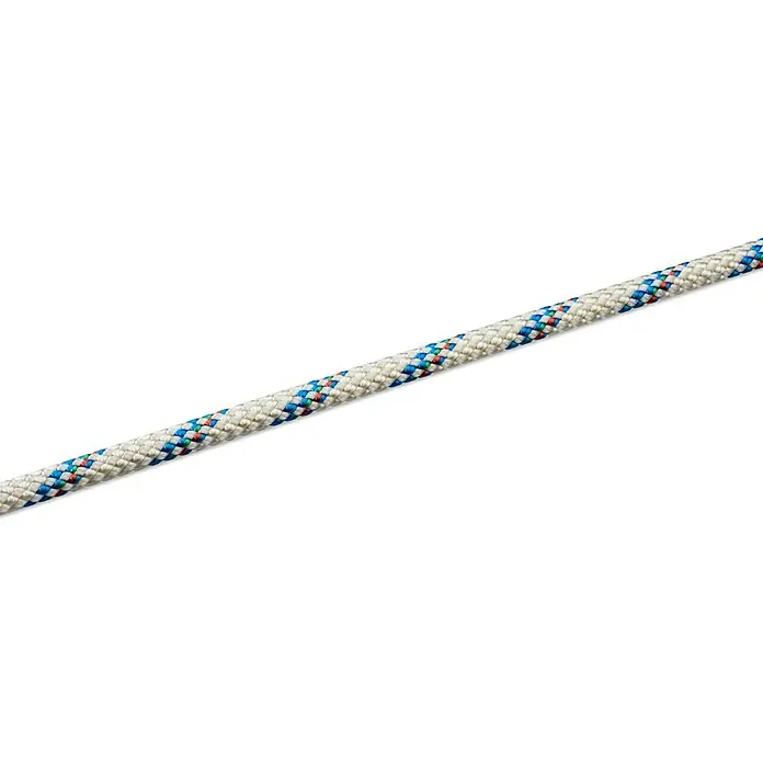 Seilflechter Cabo a metros Atlantik plus - Diámetro: 10 mm, Poliéster, Blanco/Azul marino - Cuerda trenzada blanca con patrones azules, rojos y verdes.