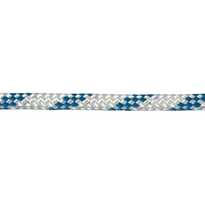 Seilflechter Cabo a metros Atlantik compakt - Diámetro: 5 mm, Poliéster, Blanco/Azul marino - Primer plano de una cuerda con un patrón de motas azules y blancas, diseñada para uso en exteriores y agarre fiable.