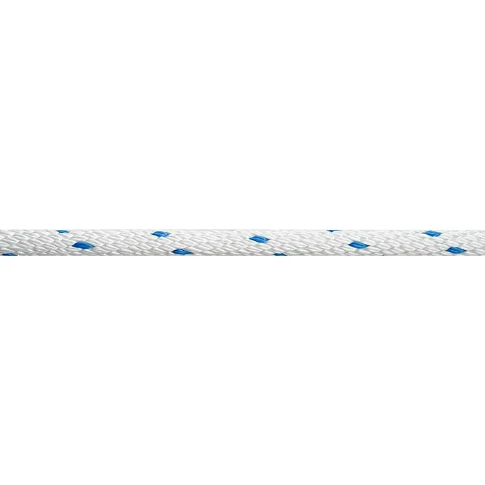 Seilflechter Cabo a metros Spiral birotex - Diámetro: 12 mm, Plástico, Blanco - Primer plano de una cuerda blanca robusta con detalles en azul. Ideal para aplicaciones náuticas y como agente de unión fuerte.