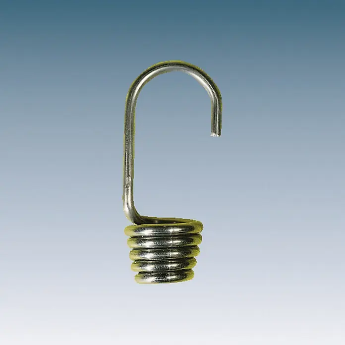 Seilflechter Gancho de espiral - Para diámetro de cable: 8 mm, Acero inoxidable - Primer plano de un resorte de tracción con gancho sobre un fondo azul, que muestra robustez y funcionalidad.