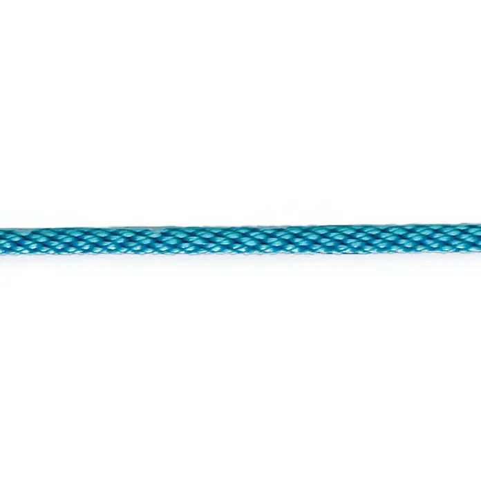 Seilflechter Cabo a metros Spiral birotex - Diámetro: 10 mm, Plástico, Azul - Primer plano de una cuerda turquesa con textura trenzada, que se extiende horizontalmente sobre un fondo blanco.