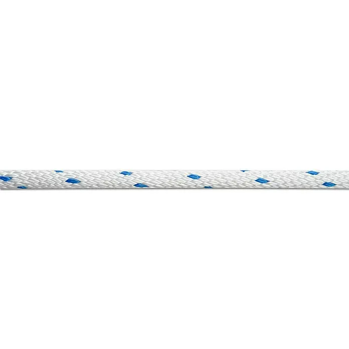 Seilflechter Cabo a metros Spiral birotex - Diámetro: 16 mm, Plástico, Blanco - Primer plano de una cuerda blanca robusta con marcas azules, ideal para tareas de navegación y otras aplicaciones donde la fuerza y la durabilidad son importantes.