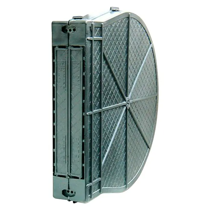 Schellenberg Recogedor de cinta de persiana Maxi - Distancia entre orificios: 105 mm, Anchura de la correa: 23 mm - Esta imagen muestra un torniquete exterior gris oscuro plegado, con un patrón de cuadrícula y una carcasa rectangular.