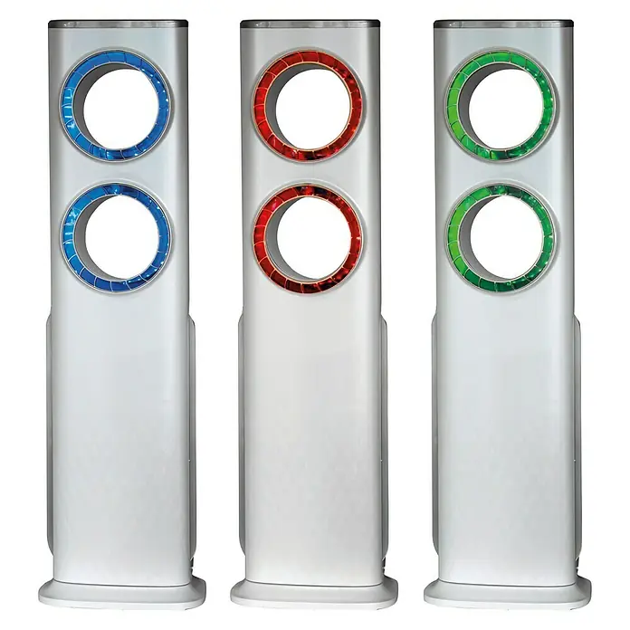 Voltomat Turmventilator Buco - Silber, 100,6 cm, 120 W - Drei Turmventilatoren in Weiß mit farbigen Akzenten (Blau, Rot, Grün) vor schwarzem Hintergrund.