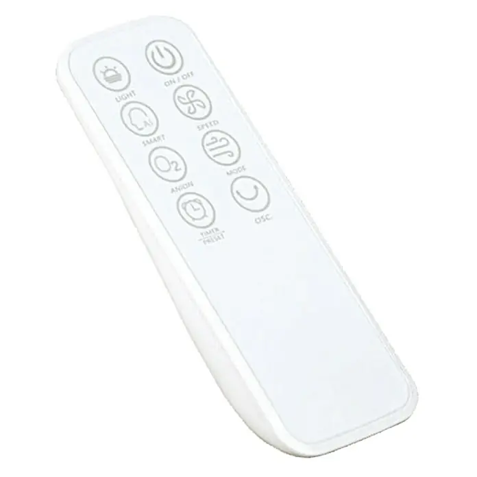 Voltomat Turmventilator Buco - Silber, 100,6 cm, 120 W - Nahaufnahme einer weißen Fernbedienung mit verschiedenen Tasten zur Steuerung von Licht, Geschwindigkeit und Timer-Funktionen.
