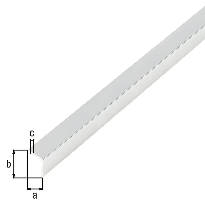Alberts Winkelprofil selbstklebend - 1.000 x 30 x 30 mm, Stärke: 1 mm, Aluminium, Chromdesign - Darstellung eines Aluminiumprofils mit den Maßen a, b und c zur Verdeutlichung der Profilabmessungen. Ideal für Bau und Design.