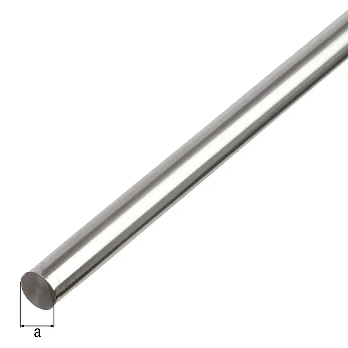 Alberts Rundstange - Ø x L: 8 x 2.600 mm, Natur, Naturbelassen - Nahaufnahme einer glänzenden, runden Metallstange, die das robuste Material und die präzise Form hervorhebt.