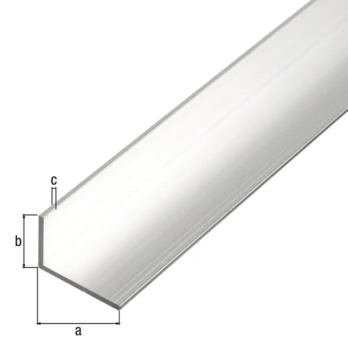 Alberts Winkelprofil - L x B x H: 1.000 x 30 x 20 mm, Stärke: 2 mm, Aluminium, Silber, Unbehandelt - Darstellung eines Aluminiumprofils mit den Maßen a, b und c, das die Form eines U-Kanals hat.
