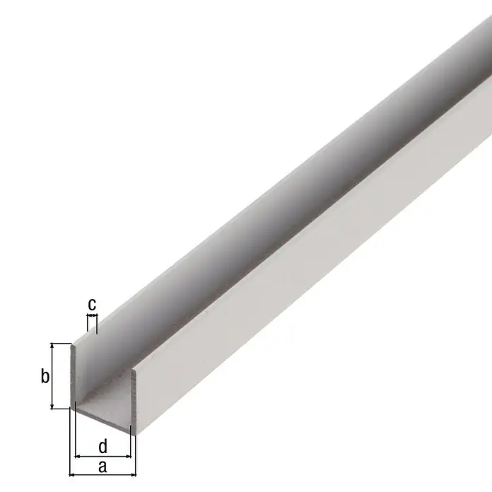 Alberts U-Profil - 1.000 x 15 x 20 mm, Stärke: 1,5 mm, Natur, Unbehandelt - Das Bild zeigt ein U-Profil aus Aluminium mit Maßangaben (a, b, c, d). Das Profil ist silbern und liegt vor einem weißen Hintergrund.