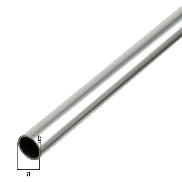 Alberts Rundrohr - Ø x L: 10 x 1.000 mm, Natur - Nahaufnahme eines Aluminiumrohrs mit den Markierungen "a" für Außendurchmesser und "b" für Wandstärke.