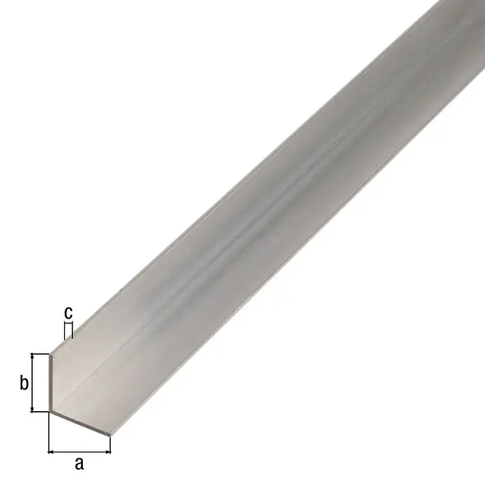 Alberts Winkelprofil - L x B x H: 2.600 x 30 x 30 mm, Stärke: 1,5 mm, Aluminium, Silber, Unbehandelt - Darstellung eines Aluminium-Winkelprofils mit Maßangaben a, b und c, das die Abmessungen und Dicke des Produkts veranschaulicht.
