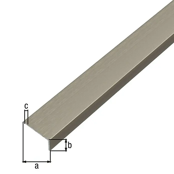 Alberts Winkelprofil selbstklebend - 1.000 x 20 x 10 mm, Stärke: 1 mm, Aluminium, Edelstahldesign dunkel - Darstellung eines L-förmigen Metallprofils mit den Maßen a, b und c, das für verschiedene Bau- und Konstruktionsanwendungen geeignet ist.