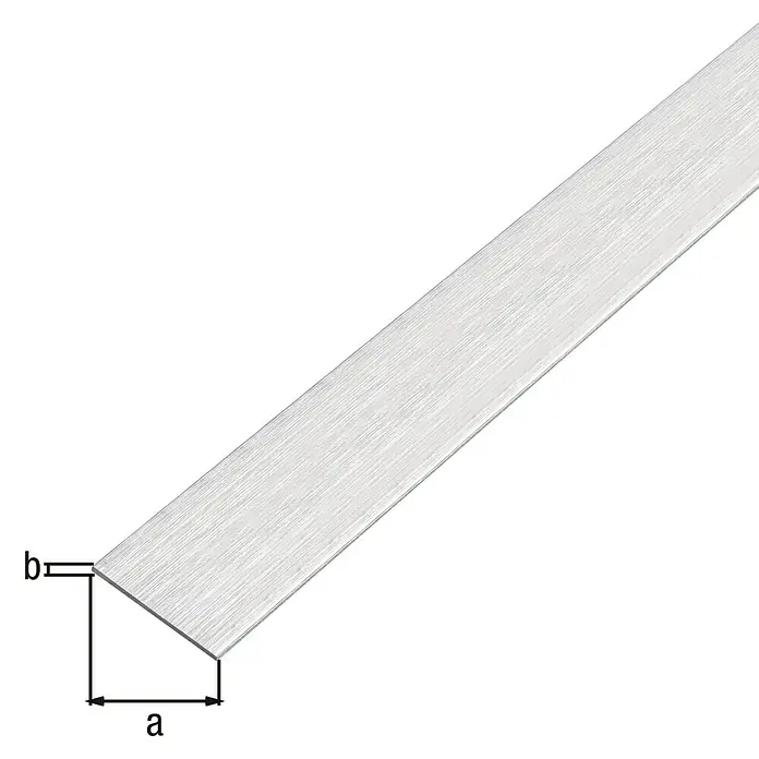 Alberts Flachprofil selbstklebend - B x L: 15 x 1.000 mm, Stärke: 2 mm, Edelstahl, Edelstahldesign hell - Abbildung eines silberfarbenen Treppenkantenprofils mit den Beschriftungen a und b für die Abmessungen.