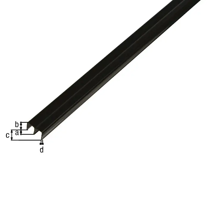 Alberts Schiebetür Schiene - Profil Oben - L x B x H: 1.000 x 16 x 10 mm, Kunststoff, Schwarz - Abbildung eines schwarzen Abschlussprofils mit den Maßen a, b, c und d, das für eine saubere Kante sorgt und eine professionelle Optik bietet.