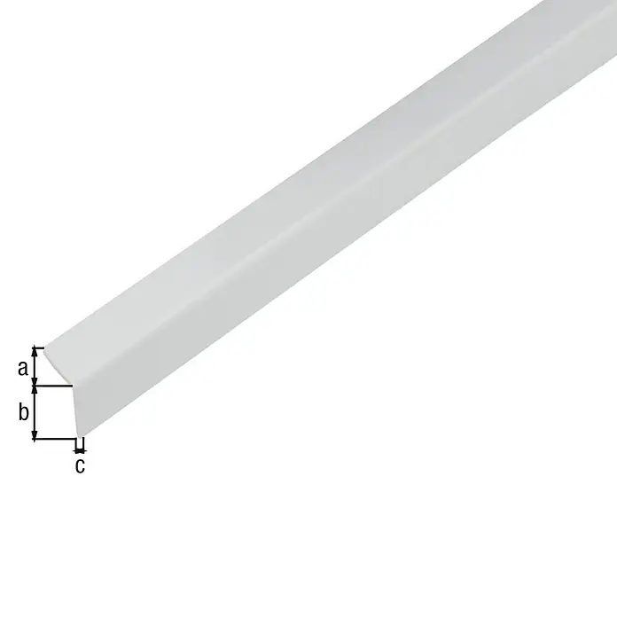 Alberts Winkelprofil selbstklebend - 1.000 x 20 x 20 mm, Stärke: 1,5 mm, Kunststoff, Weiß glänzend - Bild einer weißen Eckleiste mit den Maßen a, b und c. Die Eckleiste ist diagonal im Bild positioniert.