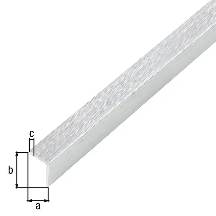 Alberts Winkelprofil selbstklebend - 1.000 x 15 x 15 mm, Stärke: 1 mm, Aluminium, Edelstahldesign hell - Nahaufnahme eines silberfarbenen L-förmigen Metallprofils mit den Maßen a, b und c. Das Profil liegt diagonal im Bild.