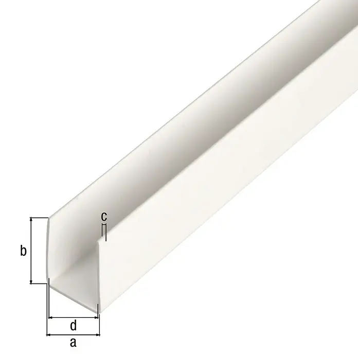 Alberts U-Profil - 1.000 x 10 x 10 mm, Stärke: 1 mm, Kunststoff, Weiß - Abbildung eines weißen Kabelkanals mit den Maßen a, b, c und d.