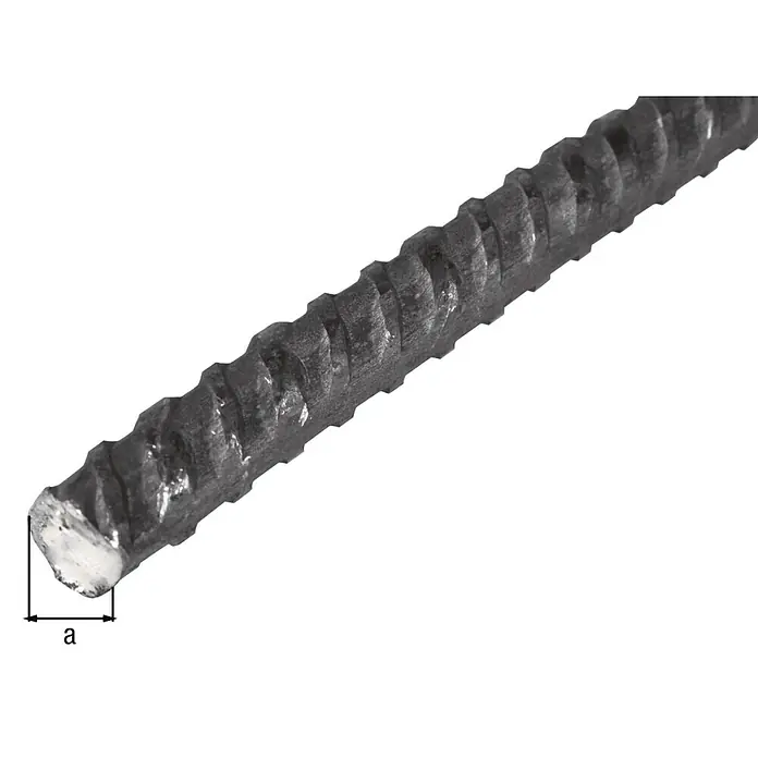 Alberts Torstahl - Ø x L: 8 x 1.000 mm, Stahl - Nahaufnahme einer gerippten Betonstahlstange mit Querschnittsdarstellung.