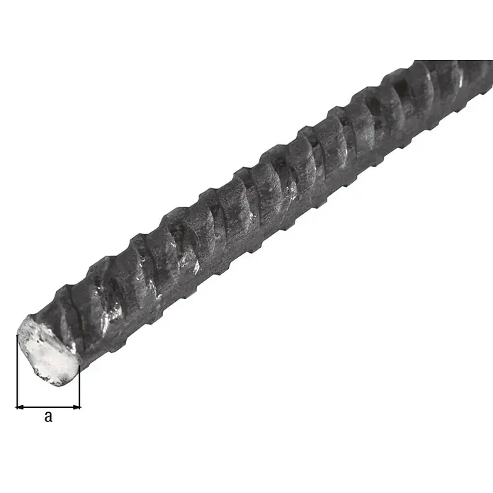 Alberts Torstahl - Ø x L: 12 x 2.000 mm, Stahl - Nahaufnahme eines gerippten Betonstahls mit Querschnitt. Ideal für Bauprojekte und zur Verstärkung von Betonkonstruktionen.