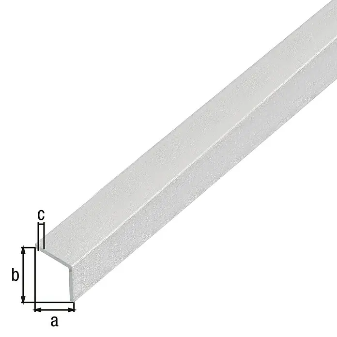 Alberts Winkelprofil selbstklebend - 1.000 x 20 x 20 mm, Stärke: 1 mm, Aluminium, Silber - Abbildung eines Winkelprofils mit den Maßen a, b und c. Das Profil ist aus Metall und hat eine graue Farbe.