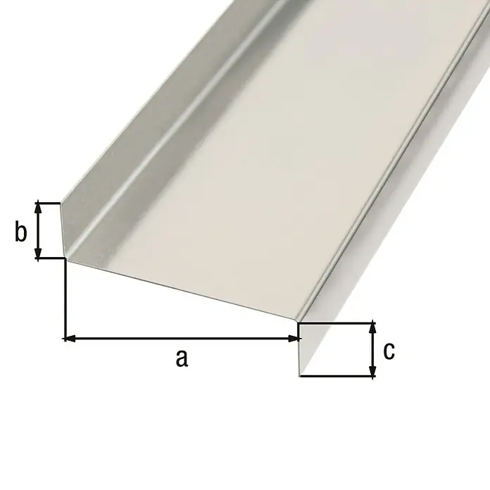Alberts Glattblech gekantet - L x B x H: 1.000 x 63 x 36 mm, Stärke: 0,5 mm, Z-Form, Aluminium - Abbildung eines Metallprofils mit den Maßen a, b und c, das für verschiedene Bauanwendungen geeignet ist.