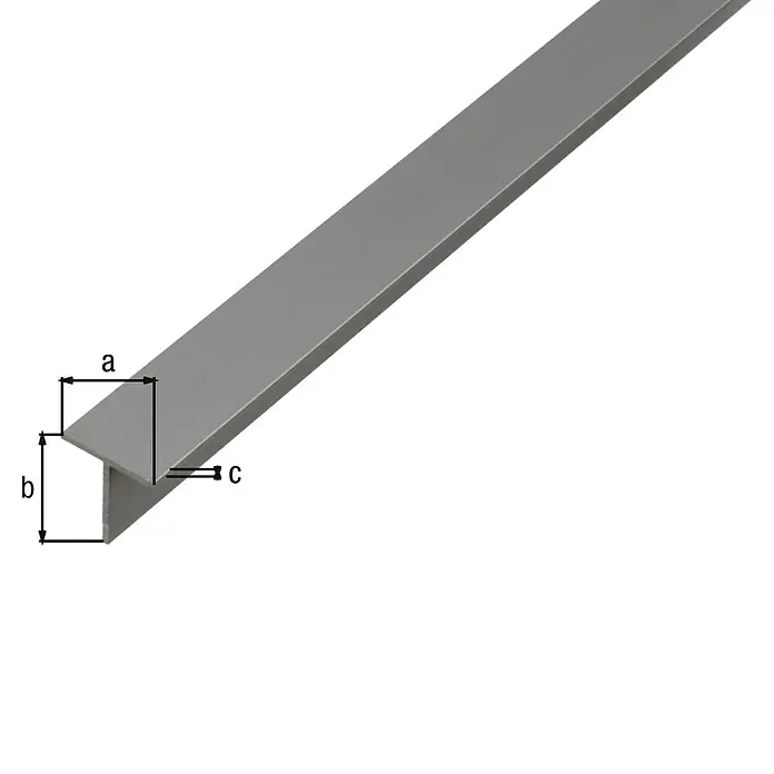 Alberts T-Profil - 1.000 x 15 x 15 mm, Stärke: 1,5 mm, Aluminium, Natur - Nahaufnahme eines T-förmigen Metallprofils mit den Maßen a, b und c, das die Details und die Konstruktion des Produkts hervorhebt.