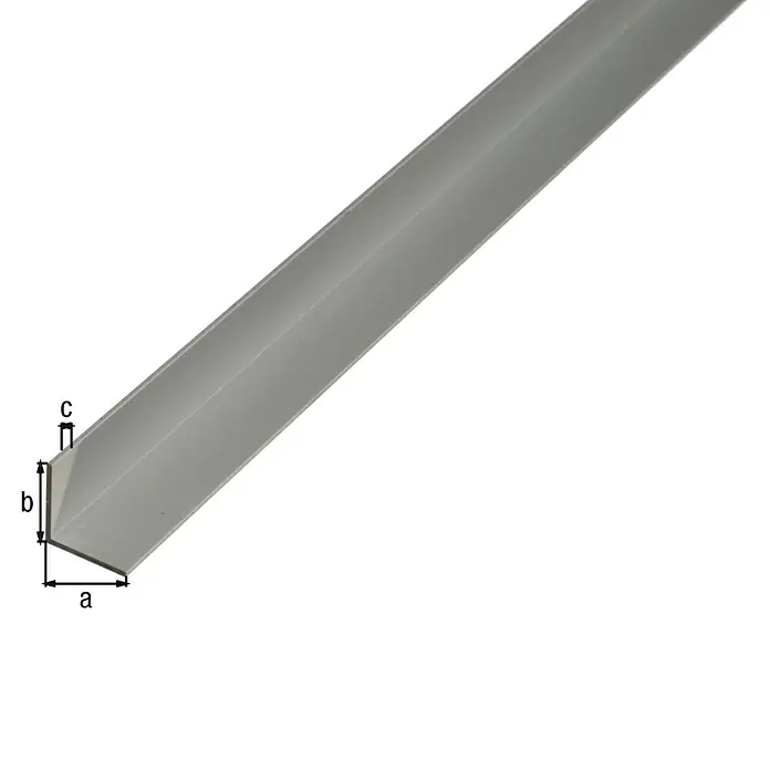 Alberts Winkelprofil - L x B x H: 1.000 x 40 x 40 mm, Stärke: 2 mm, Aluminium, Silber, Unbehandelt - Das Bild zeigt ein graues Eckprofil mit den Beschriftungen a, b und c, das zur Kennzeichnung von Maßen dient. Das Profil liegt auf einem weißen Hintergrund.