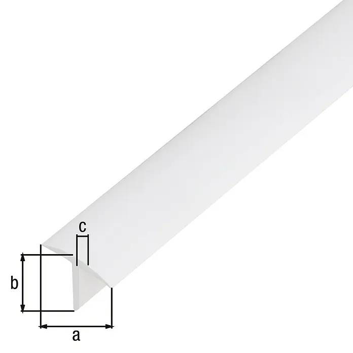 Alberts T-Profil - 1.000 x 25 x 18 mm, Stärke: 2 mm, Kunststoff, Weiß - Produktbild einer weißen Kunststoff-Eckschiene mit den Maßen a, b und c zur Verdeutlichung der Größe. Ideal für saubere Abschlüsse.