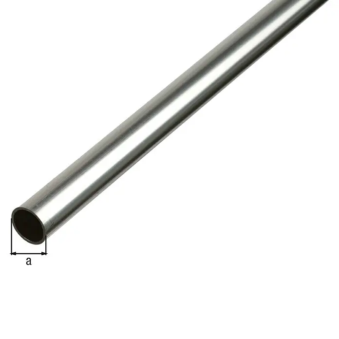 Alberts Rundrohr - Ø x L: 12 x 2.600 mm, Aluminium, Natur - Eine Nahaufnahme eines glänzenden Metallrohrs, das im Winkel liegt und mit "a" gekennzeichnet ist, um seinen Durchmesser zu zeigen.