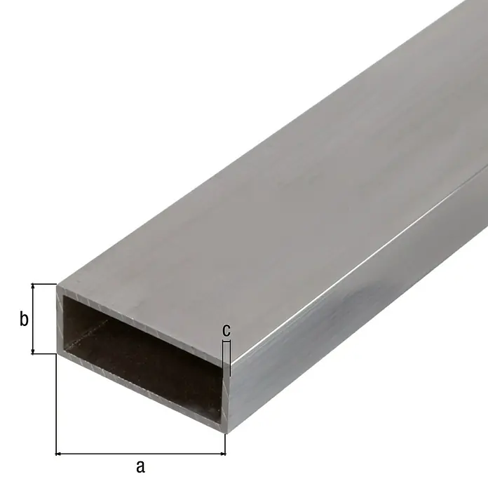 Alberts Vierkantrohr Rechteck - 1.000 x 50 x 20 mm, Stärke: 2 mm, Natur - Darstellung eines rechteckigen Aluminiumprofils mit den Maßen a, b und c.
